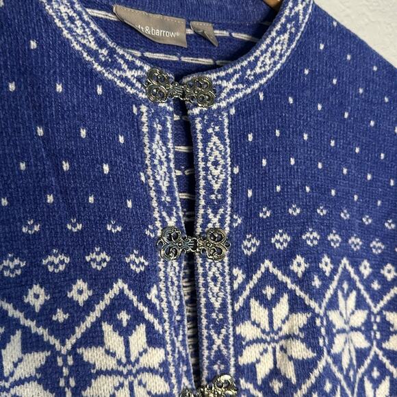 Periwinkle White Fair Isle Ski Sweater Silver Toggles Chenille Cardigan Winter - Picture 4 of 9